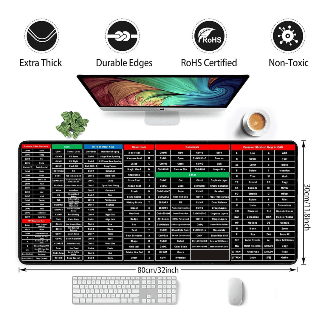 Extended Gaming Mouse Pad with Keyboard Shortcut Reference – Large Desk Mat