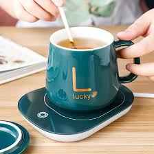 300ml Ceramic Electric Coffee Mug Warmer Set with Smart Heating Coaster for Home & Office | Green