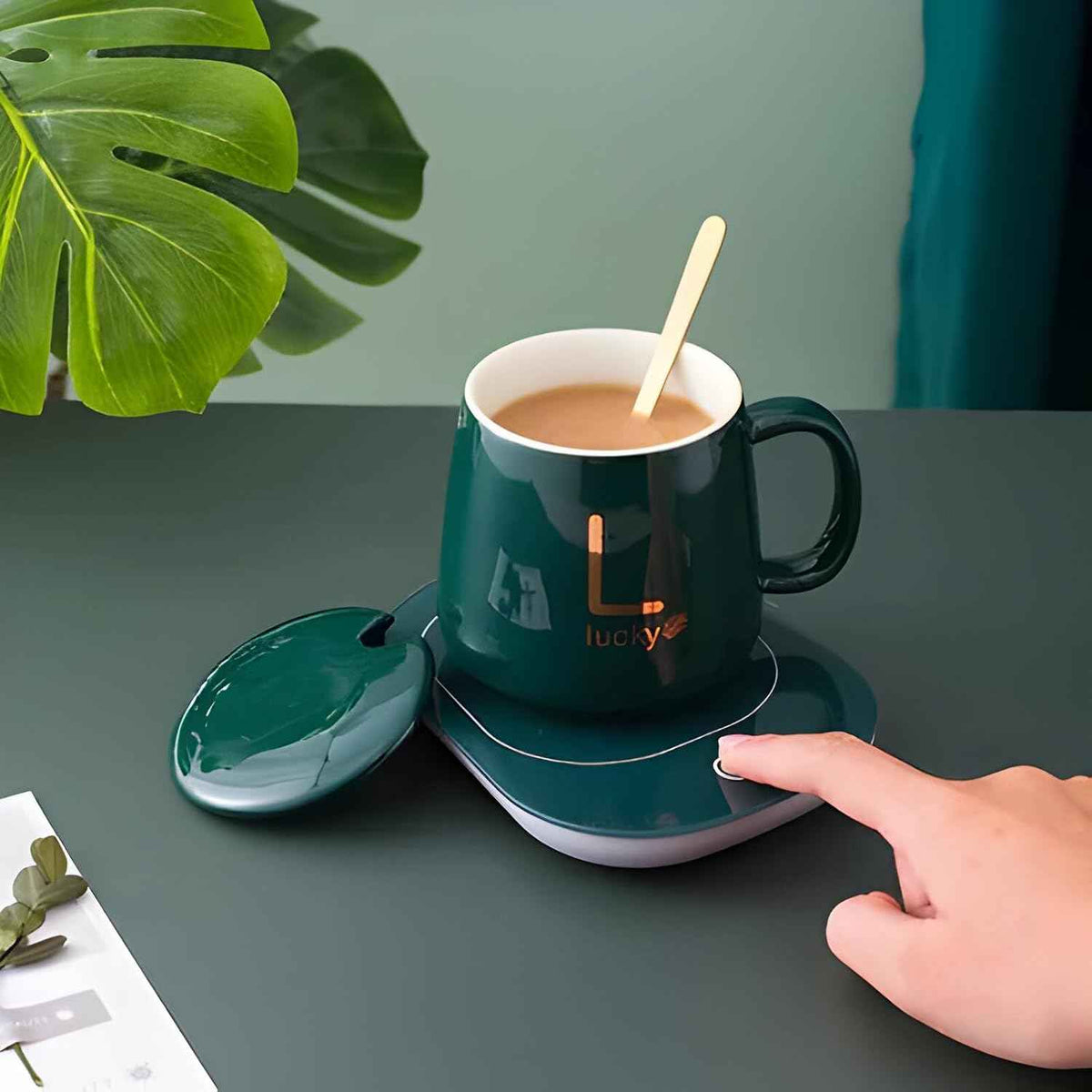 300ml Ceramic Electric Coffee Mug Warmer Set with Smart Heating Coaster for Home & Office | Green
