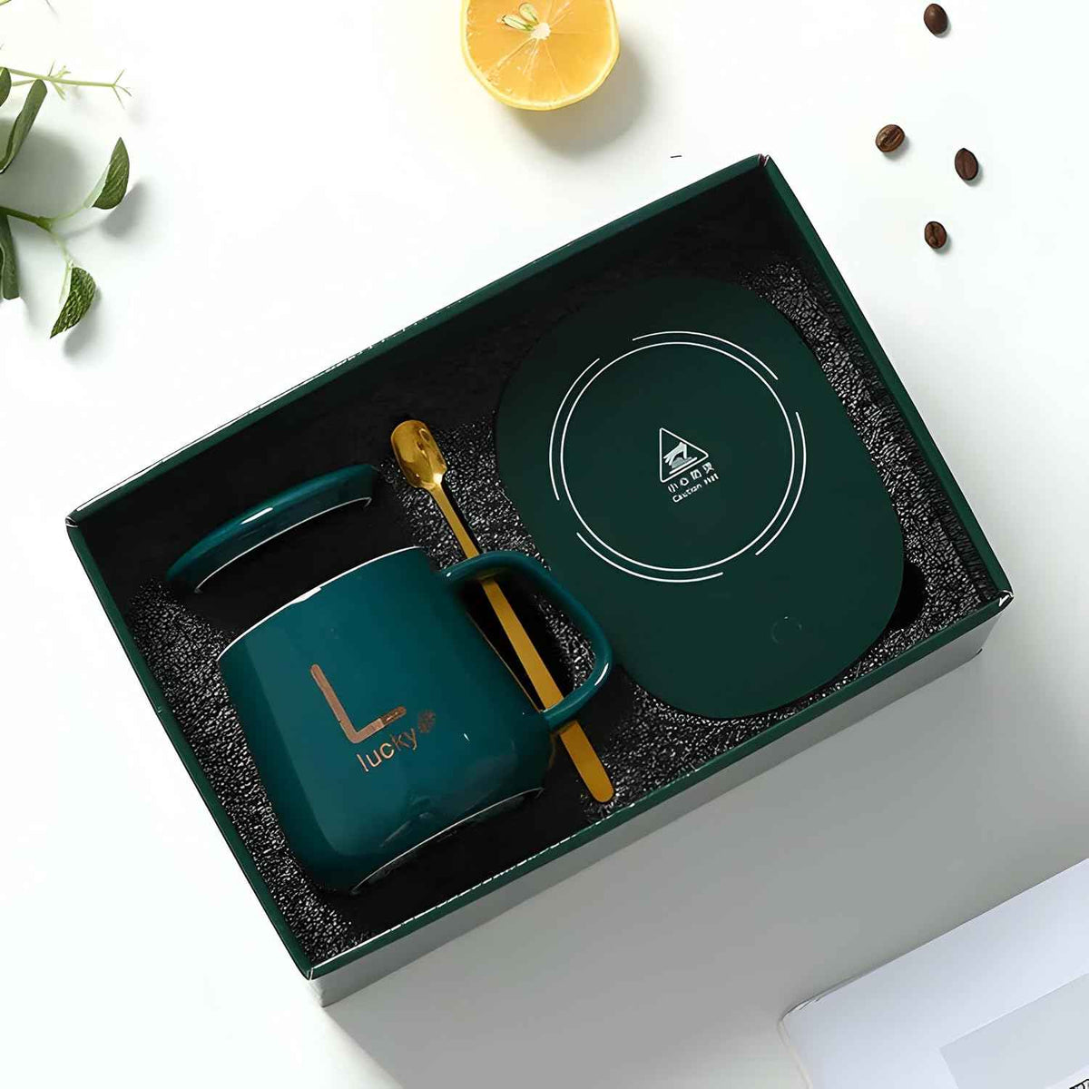 300ml Ceramic Electric Coffee Mug Warmer Set with Smart Heating Coaster for Home & Office | Green