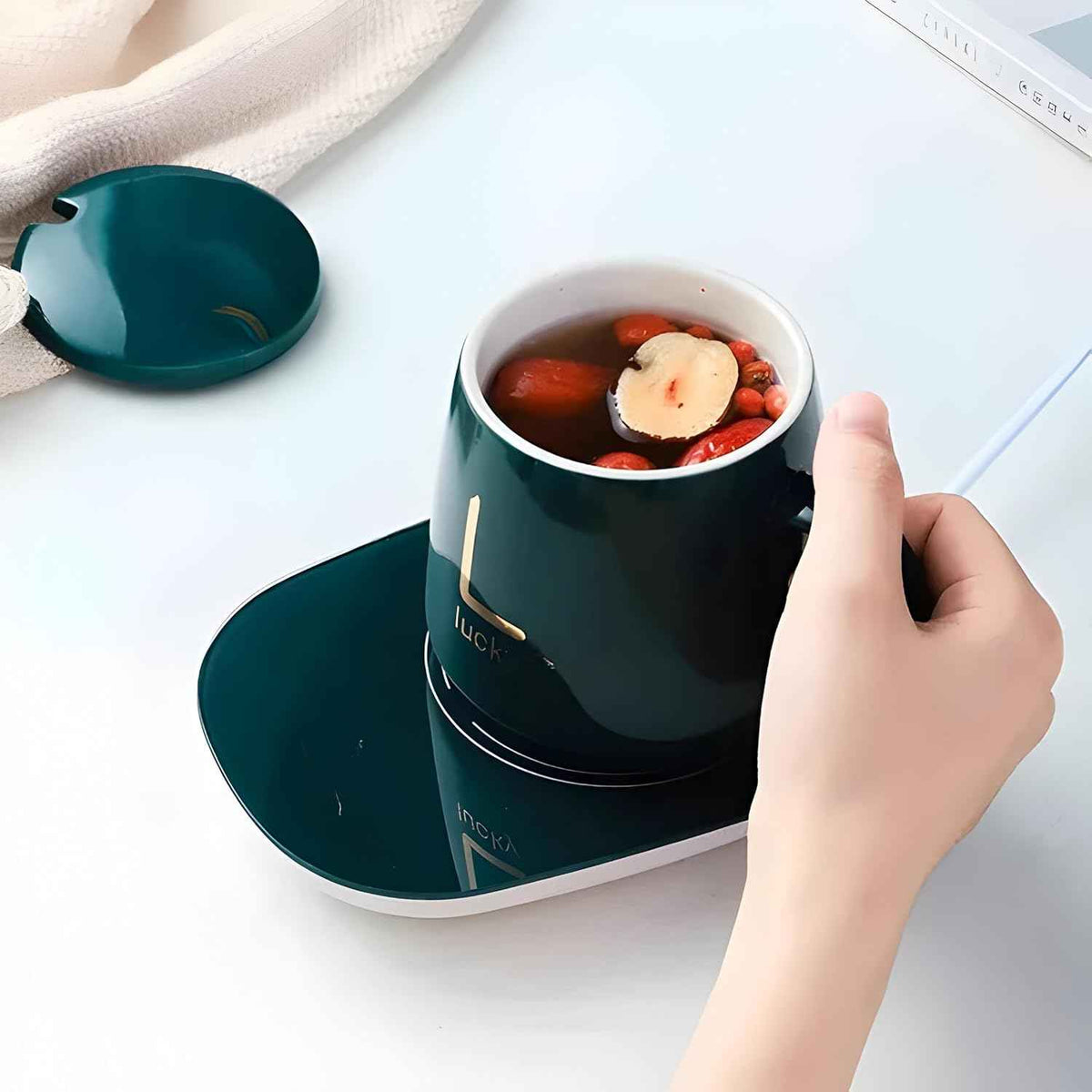 300ml Ceramic Electric Coffee Mug Warmer Set with Smart Heating Coaster for Home & Office | Green